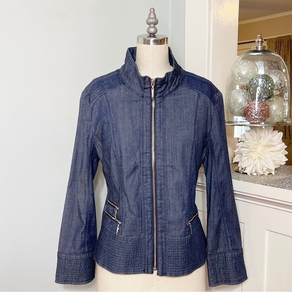 White House Black Market Zip Front Denim Jacket Blue 14 - Picture 4 of 12